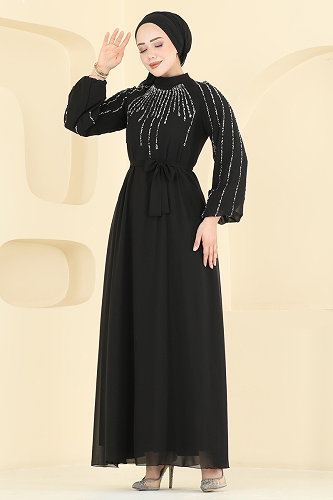 moda selvim Gümüş Taşlı Şifon Abiye 5818EDFK1198 Siyah - Thumbnail