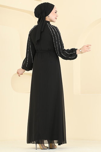 moda selvim Gümüş Taşlı Şifon Abiye 5818EDFK1198 Siyah - Thumbnail