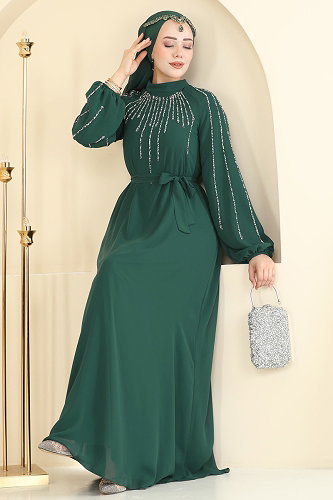 moda selvim Gümüş Taşlı Şifon Abiye 5818EDFK1198 Zümrüt - Thumbnail