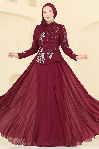 moda selvim Gümüş Taşlı Tesettür Abiye 6671YG95 Bordo - Thumbnail