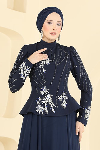 moda selvim Gümüş Taşlı Tesettür Abiye 6671YG95 Laci - Thumbnail