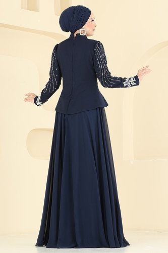 moda selvim Gümüş Taşlı Tesettür Abiye 6671YG95 Laci - Thumbnail