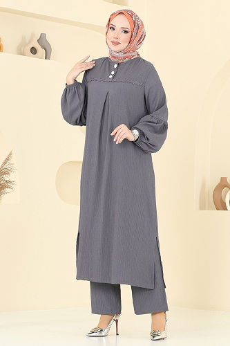 moda selvim Güpür Detay Bürümcük Takım 417DVL817 Antrasit - Thumbnail