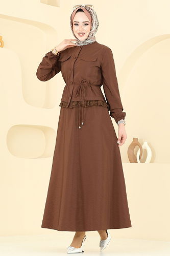 moda selvim Güpür Detay Etekli Takım 2675SL432 Kahve - Thumbnail