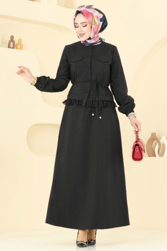 moda selvim Güpür Detay Etekli Takım 2675SL432 Siyah - Thumbnail