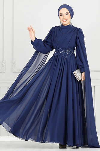 moda selvim Güpür Detay Pelerinli Abiye 6640YG95 Laci - Thumbnail