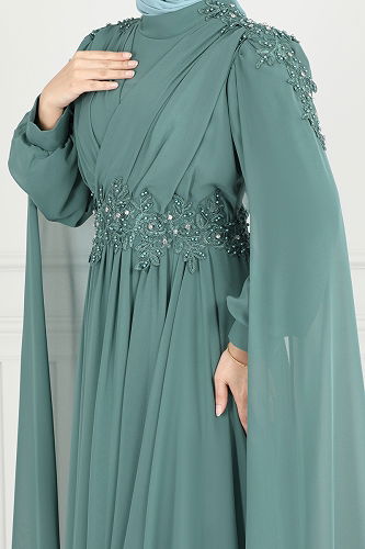 moda selvim Güpür Detay Pelerinli Abiye 6640YG95 Mint - Thumbnail