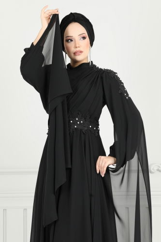 moda selvim Güpür Detay Pelerinli Abiye 6640YG95 Siyah - Thumbnail
