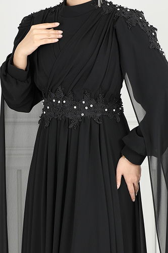 moda selvim Güpür Detay Pelerinli Abiye 6640YG95 Siyah - Thumbnail