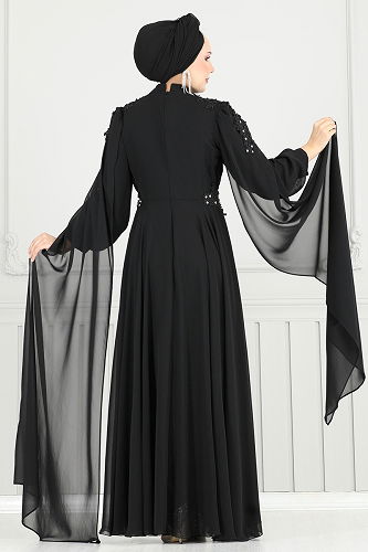 moda selvim Güpür Detay Pelerinli Abiye 6640YG95 Siyah - Thumbnail