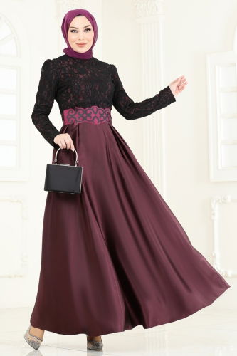 moda selvim Güpür Detay Saten Abiye 2133ASMK1074 Bordo - Thumbnail