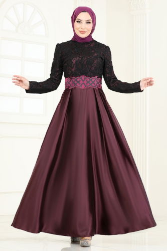 moda selvim Güpür Detay Saten Abiye 2133ASMK1074 Bordo - Thumbnail