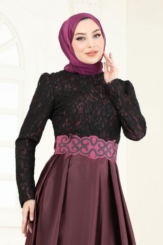 moda selvim Güpür Detay Saten Abiye 2133ASMK1074 Bordo - Thumbnail