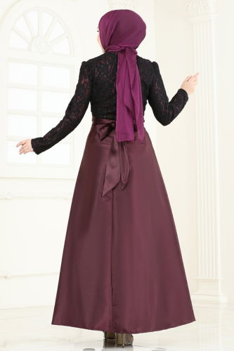 moda selvim Güpür Detay Saten Abiye 2133ASMK1074 Bordo - Thumbnail