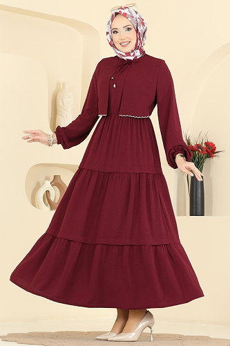 moda selvim Güpür Detaylı Aerobin Elbise 2851SLK540 Bordo - Thumbnail