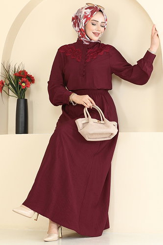 moda selvim Güpür Detaylı Dokuma Takım 364ASN888 Bordo - Thumbnail
