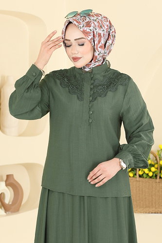 moda selvim Güpür Detaylı Dokuma Takım 364ASN888 Haki - Thumbnail