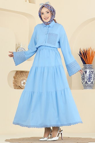 moda selvim Güpür Detaylı Etekli Takım 328ASN888 Bebe Mavisi - Thumbnail