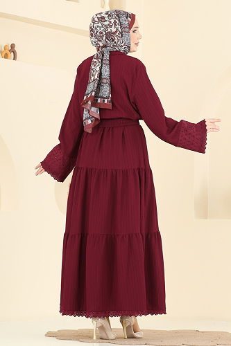 moda selvim Güpür Detaylı Etekli Takım 328ASN888 Bordo - Thumbnail