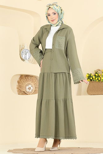 moda selvim Güpür Detaylı Etekli Takım 328ASN888 Çağla - Thumbnail