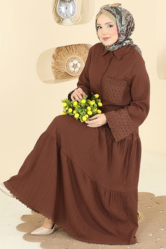 moda selvim Güpür Detaylı Etekli Takım 328ASN888 Kahve - Thumbnail