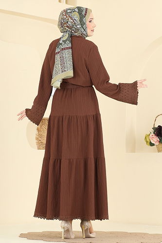 moda selvim Güpür Detaylı Etekli Takım 328ASN888 Kahve - Thumbnail