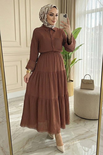 moda selvim Güpür Detaylı Etekli Takım 328ASN888 Kahve - Thumbnail