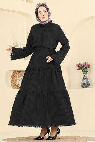 moda selvim Güpür Detaylı Etekli Takım 328ASN888 Siyah - Thumbnail