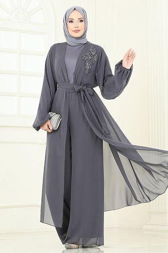 moda selvim Güpür Detaylı İkili Takım 8113AB368 Gri - Thumbnail