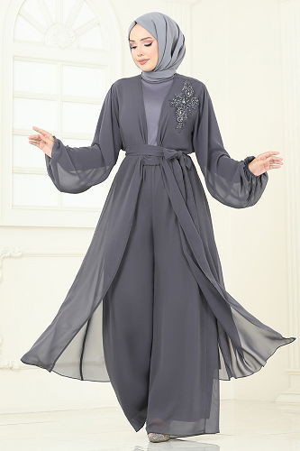 moda selvim Güpür Detaylı İkili Takım 8113AB368 Gri - Thumbnail