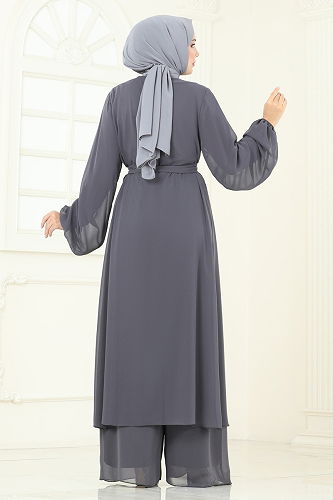 moda selvim Güpür Detaylı İkili Takım 8113AB368 Gri - Thumbnail