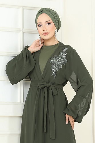 moda selvim Güpür Detaylı İkili Takım 8113AB368 Haki - Thumbnail