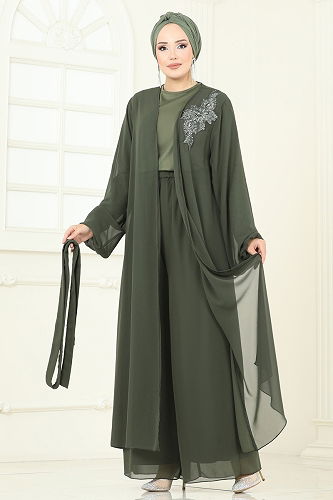 moda selvim Güpür Detaylı İkili Takım 8113AB368 Haki - Thumbnail