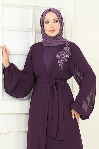 moda selvim Güpür Detaylı İkili Takım 8113AB368 Mürdüm - Thumbnail