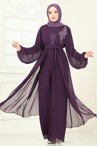 moda selvim Güpür Detaylı İkili Takım 8113AB368 Mürdüm - Thumbnail