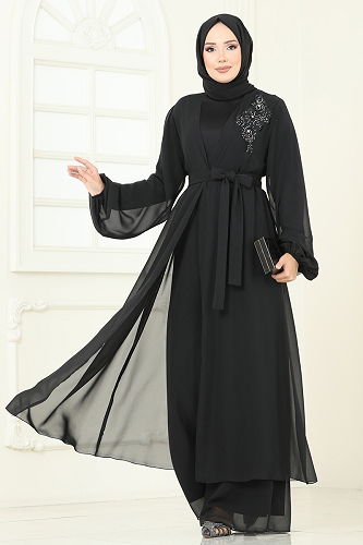 moda selvim Güpür Detaylı İkili Takım 8113AB368 Siyah - Thumbnail