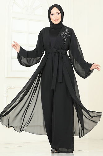 moda selvim Güpür Detaylı İkili Takım 8113AB368 Siyah - Thumbnail