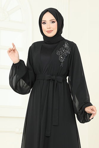 moda selvim Güpür Detaylı İkili Takım 8113AB368 Siyah - Thumbnail