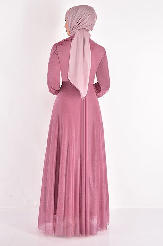 moda selvim Güpür Detaylı Tesettür Abiye ASM10022-M Pembe - Thumbnail