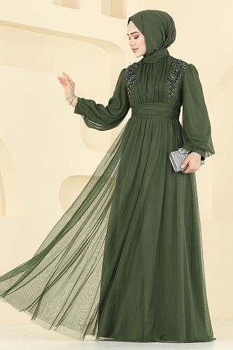 moda selvim Güpür Detayli Tül Abiye 2820ELC1143 Haki - Thumbnail