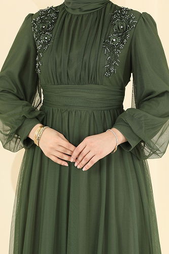 moda selvim Güpür Detayli Tül Abiye 2820ELC1143 Haki - Thumbnail