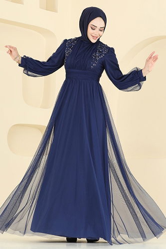 moda selvim Güpür Detayli Tül Abiye 2820ELC1143 Laci - Thumbnail