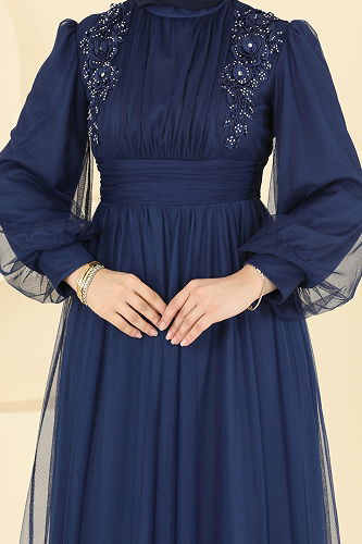 moda selvim Güpür Detayli Tül Abiye 2820ELC1143 Laci - Thumbnail