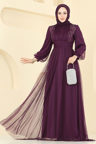 moda selvim Güpür Detayli Tül Abiye 2820ELC1143 Mürdüm - Thumbnail
