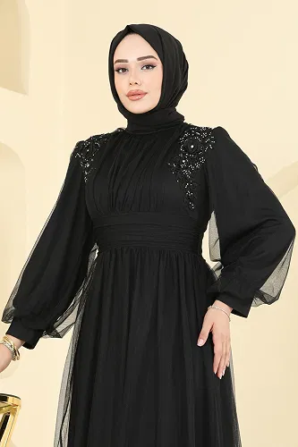 moda selvim Güpür Detayli Tül Abiye 2820ELC1143 Siyah - Thumbnail