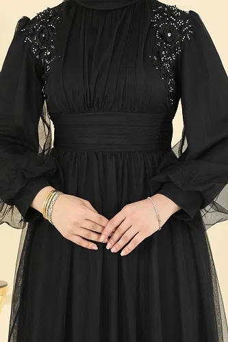 moda selvim Güpür Detayli Tül Abiye 2820ELC1143 Siyah - Thumbnail