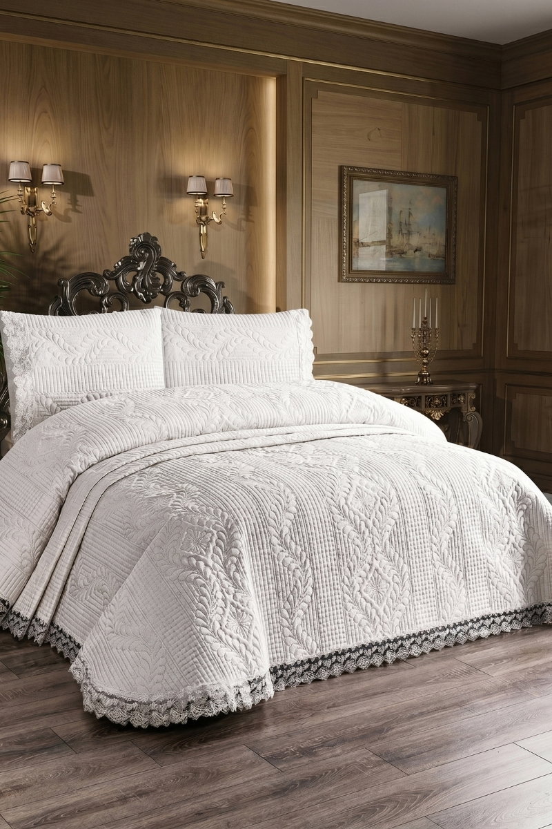 Güpürlü Çift Kişilik Yatak Örtüsü 1042HB1195 Ekru