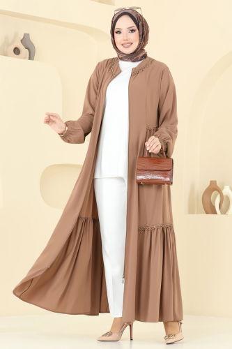 moda selvim Güpürlü Medine İpeği Ferace 2644SL432 Açık Kahve - Thumbnail