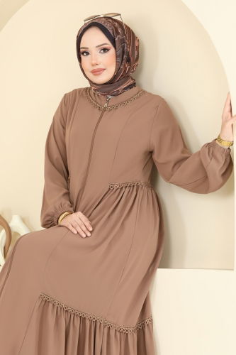 moda selvim Güpürlü Medine İpeği Ferace 2644SL432 Açık Kahve - Thumbnail