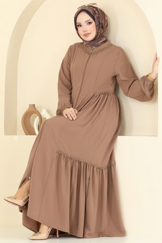 moda selvim Güpürlü Medine İpeği Ferace 2644SL432 Açık Kahve - Thumbnail